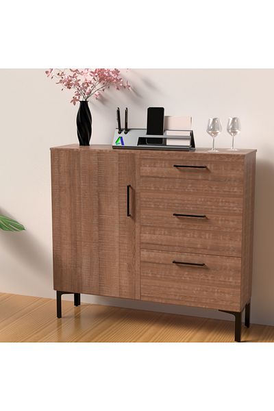 Mahmayi Wooden Chest Drawer with 3 Drawers and 1 Door Storage Shelf Cabinet-Brown Arizona Oak