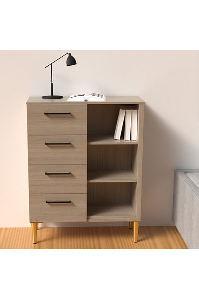 Mahmayi Wooden Chest Drawer with 4 Drawers and 3 Open Storage Shelf Cabinet-Beige Grey Lorenzo Oak