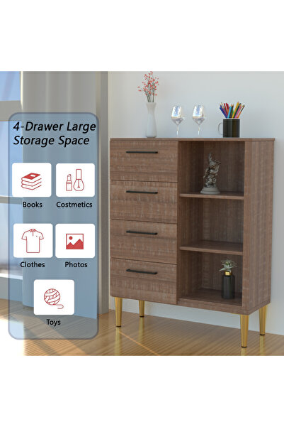 Mahmayi Wooden Chest Drawer with 4 Drawers and 3 Open Storage Shelf Cabinet-Brown Arizona Oak