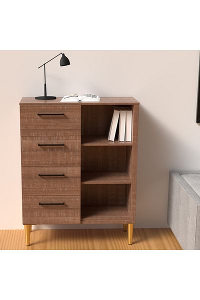 Mahmayi Wooden Chest Drawer with 4 Drawers and 3 Open Storage Shelf Cabinet-Brown Arizona Oak