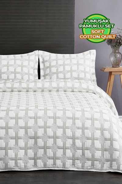 Evlen Home Collection Double Bedspread Set - 3 Pieces Battal Shelby, Light Grey