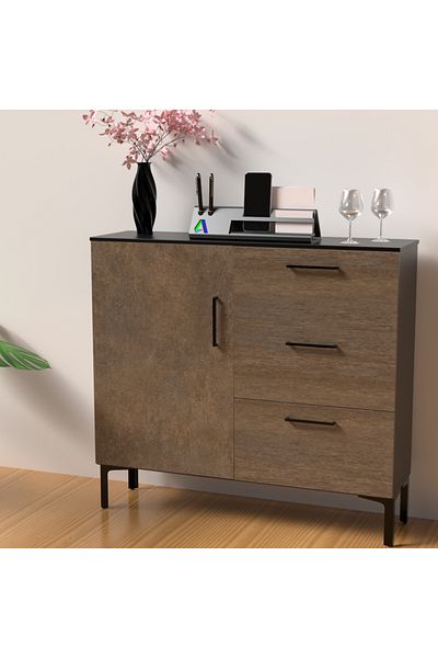 Mahmayi Wooden Chest Drawer with 3 Drawers and 1 Door Shelf Cabinet-Ferro Bronze MFC and Black