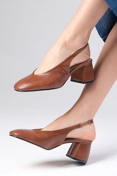 Mio Gusto Karina Brown Thick Heeled Women's Open Back Shoes