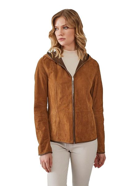 Deriderim Mustard Hedvige Women's Zippered Unlined Hooded Lightweight Double-Sided Genuine Suede Jacket