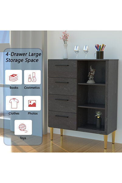 Mahmayi Wooden Chest of Drawer with 4 Drawers and 3 Open Storage Shelf Cabinet-Anthracite Jura Slate