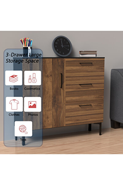 Mahmayi Wooden Chest Drawer with 3 Drawers and 1 Door Shelf Cabinet-Dark Hunton Oak and Black