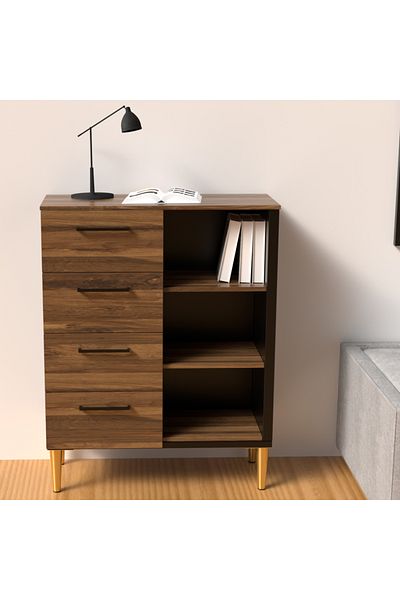 Mahmayi Wooden Chest Drawer with 4 Drawers and 3 Open Shelf Cabinet-Dark Hunton Oak and Black