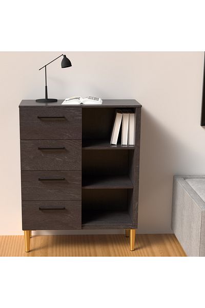 Mahmayi Wooden Chest of Drawer with 4 Drawers and 3 Open Storage Shelf Cabinet-Anthracite Jura Slate