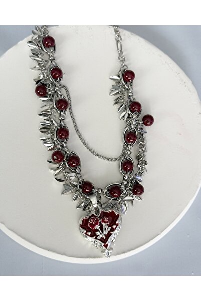 MOD10 Bordo Güllü Kalp Kolye