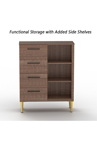 Mahmayi Wooden Chest Drawer with 4 Drawers and 3 Open Storage Shelf Cabinet-Brown Arizona Oak