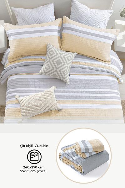 Evlen Home Collection Комплект двустранни памучни кувертюри на райета - 3 части Daily King Jelly Cappuccino