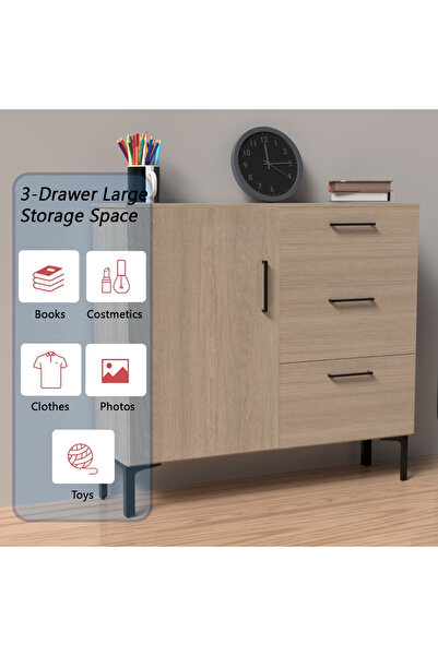 Mahmayi Wooden Chest Drawer with 3 Drawers and 1 Door Storage Shelf Cabinet-Beige Grey Lorenzo Oak