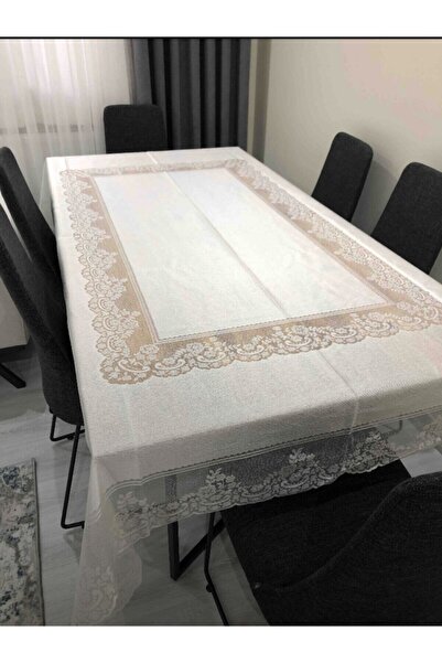 bursa çeyiz Krem Renk Dertsiz Dantel Detaylı Masa Örtüsü (160x220cm)