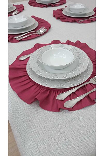 AHSERHOME 6li Bordo Duck Keten Kumaş Yuvarlak Fırfır Detaylı Amerikan Servis ...