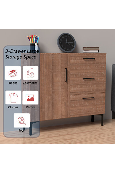 Mahmayi Wooden Chest Drawer with 3 Drawers and 1 Door Storage Shelf Cabinet-Brown Arizona Oak