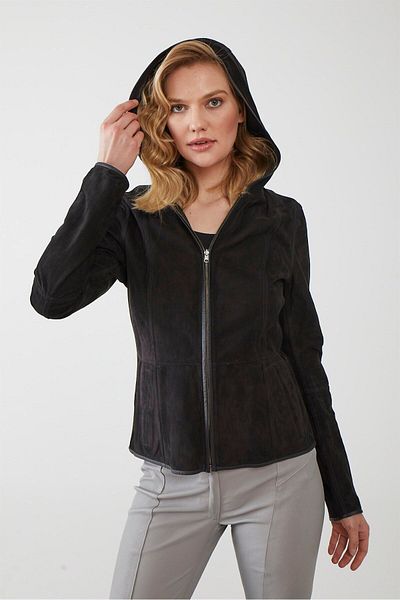 Deriderim Women's Genuine Suede Jacket - Black, Zip-Up, Hood, Lightweight and Double-Sided