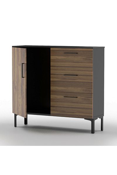 Mahmayi Wooden Chest Drawer with 3 Drawers and 1 Door Shelf Cabinet-Dark Hunton Oak and Black