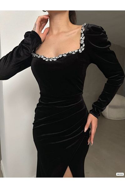 Trendusfashion Γυναικείο βραδινό φόρεμα με βελούδινο πέτρινο κέντημα με τετράγωνη λαιμόκοψη με μακρυμάνικο σκίσιμο - Ειδική περίσταση και κομψότητα εκδηλώσεων"