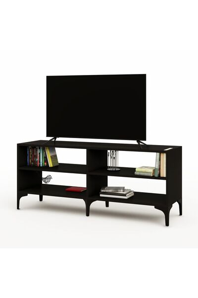 Mahmayi حامل تلفزيون عصري مع 4 أرفف مفتوحة، وشاشة وحامل تلفزيون للمنزل والمكتب - أسود