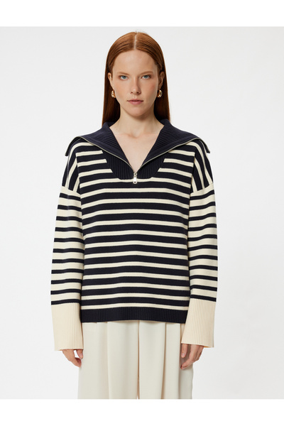 Koton Zippered Oversize Knitwear Crash Stand Collar Soft Textured