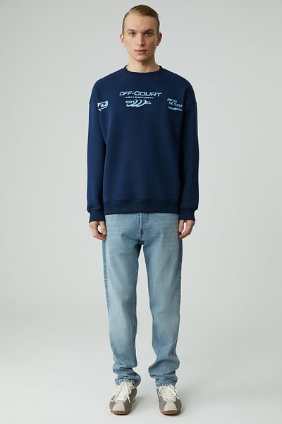 GRIMELANGE Cassy Men's Organic Cotton Soft Print Detailed Navy Blue Sweatshirt