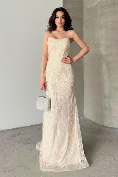 Serica Moda Βραδινό φόρεμα με στράπλες κεντημένο με παγιέτες εκρού