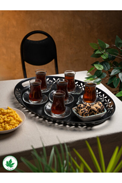 linmetal Lalin Tepsi Metal Oval Servis Tepsisi, Romantik Tepsi, Büyük Tepsi, Çay Kahve Tepsisi Siyah