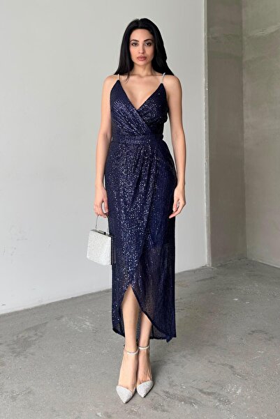 Serica Moda Βραδινό φόρεμα με διπλό σχιστό λουράκι με παγιέτες