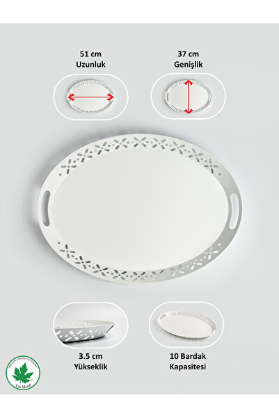 linmetal Lalin Tepsi Metal Oval Servis Tepsisi, Romantik Tepsi, Büyük Tepsi, Çay Kahve Tepsisi Beyaz