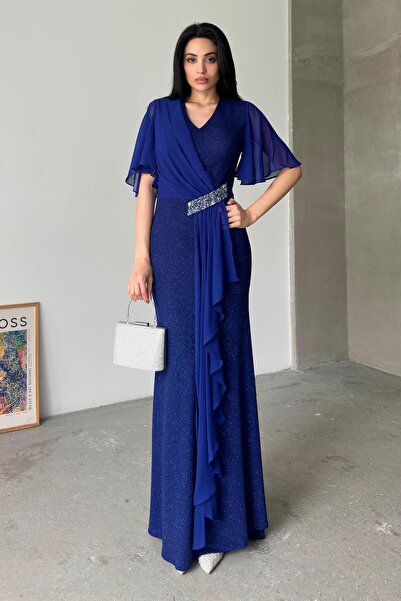 Serica Moda Rochie de seară cu mânecă scurtă cu sclipici Saks Blue Stone