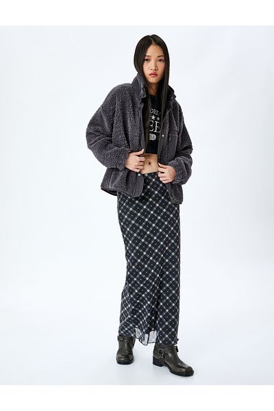 Koton Zippered Stand Collar Oversize Plush Sweatshirt with Pocket Detail