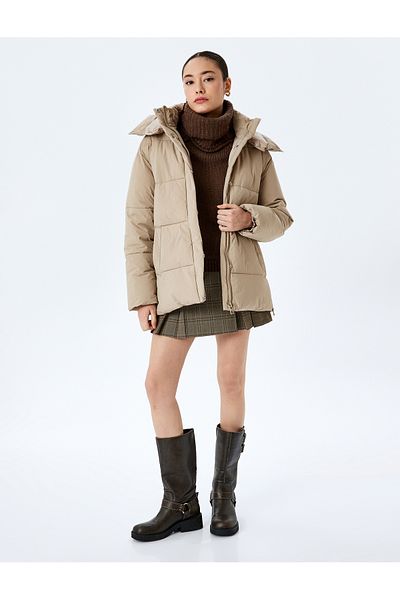 Koton Inflatable Coat Hooded Quilted Zippered Snap Button Pocket
