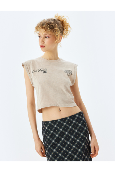 Koton Crew Neck Sleeveless Crop Back Printed Top
