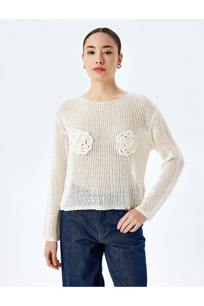 Koton Openwork Applique Floral Detailed Long Sleeve Knitwear Sweater