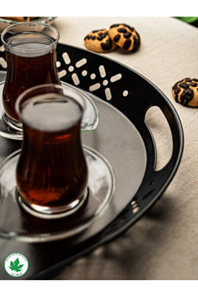 linmetal Lalin Tepsi Metal Oval Servis Tepsisi, Romantik Tepsi, Büyük Tepsi, Çay Kahve Tepsisi Siyah