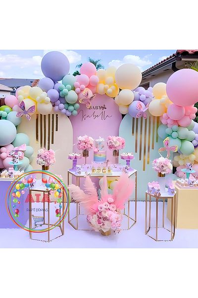 Ata Parti Dünyası 60 Pieces Macaron Green Pink Lilac Yellow Balloon Chain Set and Balloon Strip