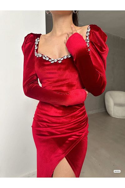 Trendusfashion Women's Evening Dress with Square Neck Velvet Stone Embroidered Long Sleeves Slit
