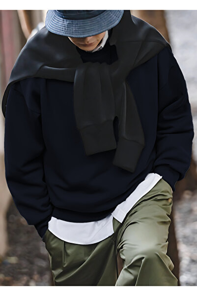 YAKAMEL Men's Oversize Cotton Raised Crew Neck Sweater