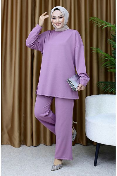 sefamerve Set tunică și pantaloni cu nervuri Dusty Rose - 5570-02