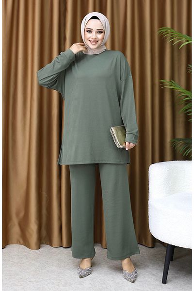 sefamerve Khaki Ribbed Tunic and Trousers Set - 5570-01