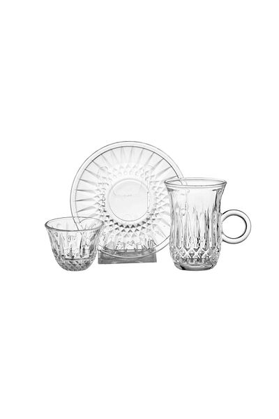 Dania 24 Piece Clear Glass Tea and Coffee Set Consists of 6 Cups with 6 Saucers with 12 Saudi Coffee Cups