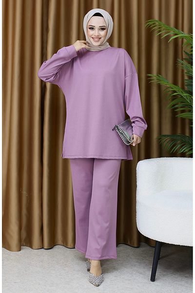 sefamerve Set tunică și pantaloni cu nervuri Dusty Rose - 5570-02