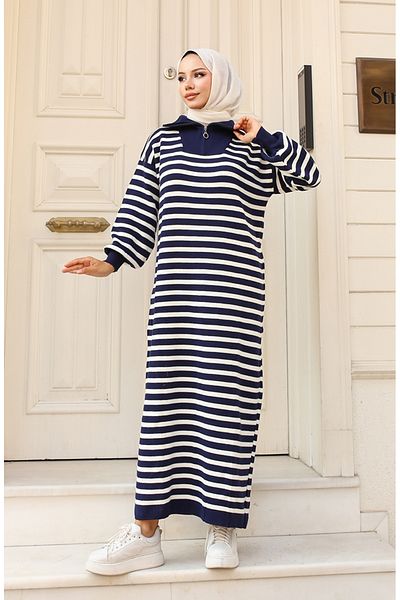 sefamerve Marineblaues, gestreiftes Strickkleid mit Reißverschluss – 11027-01
