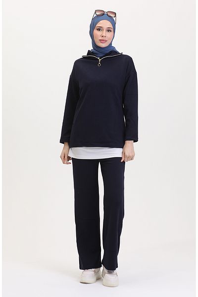 sefamerve Marineblaues Tunika- und Hosen-Set mit Reißverschluss – 1058-03