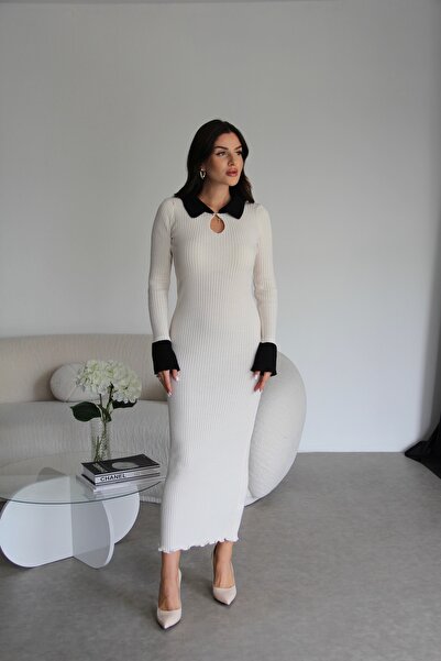 Julidress Polo Yaka Düğme Detaylı Fitilli Bodycon Midi Boy Örme Triko Elbise