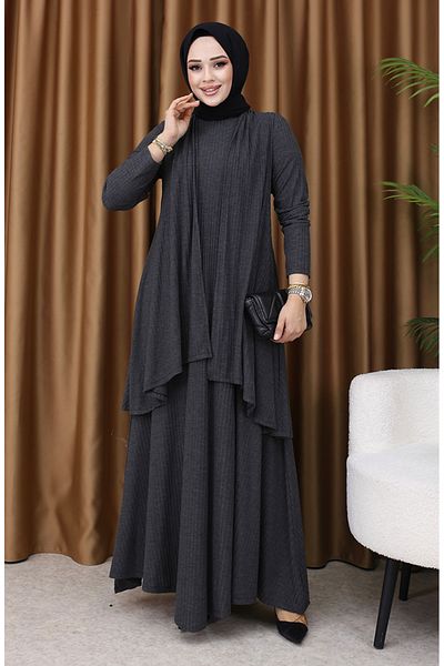 sefamerve Anthrazitfarbenes Westenkleid-Set in Übergröße – 6370-04