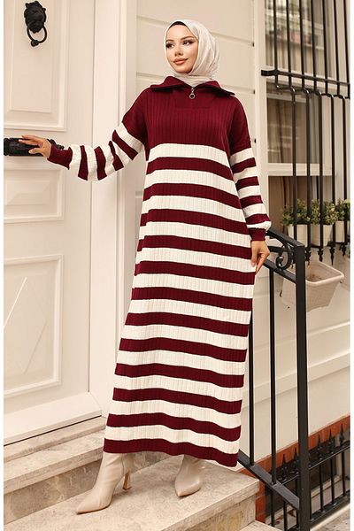 sefamerve Weinrotes, geripptes Strickkleid – 11042-04