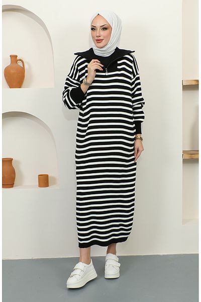 sefamerve Schwarz gestreiftes Strickkleid mit Reißverschluss – 11027-04