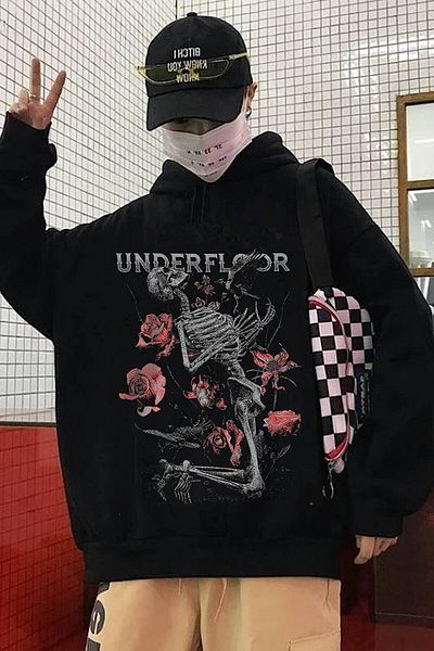 Pisa Art Унисекс Суичър Underground Rose And Bone Rock Metal Hoodie Rose And Skeleton Bone