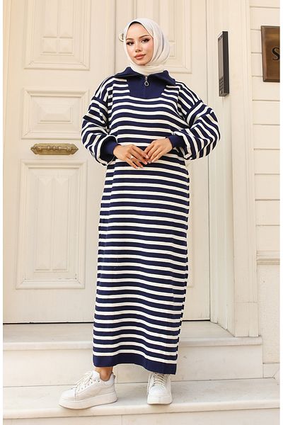 sefamerve Marineblaues, gestreiftes Strickkleid mit Reißverschluss – 11027-01